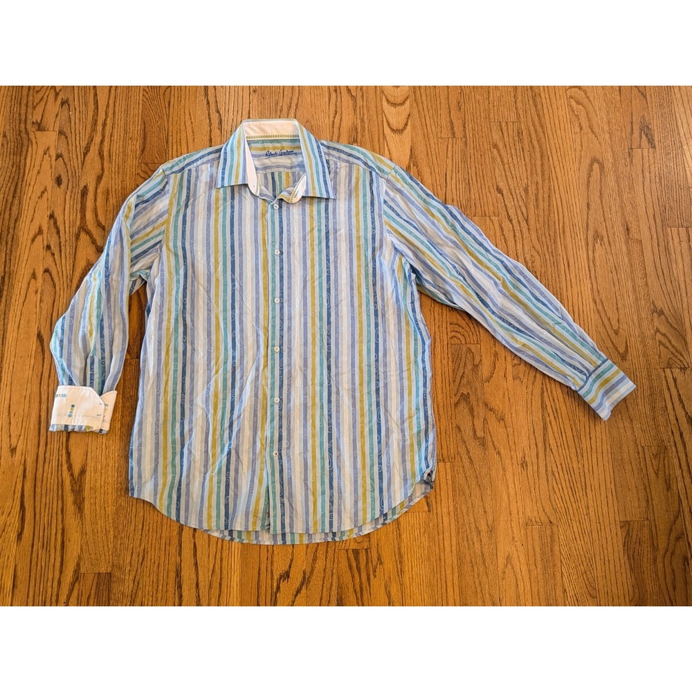 Robert Graham Men's Shirt L/XL 17 Long Sleeve Button Up Shirt Blue Yellow Strips
